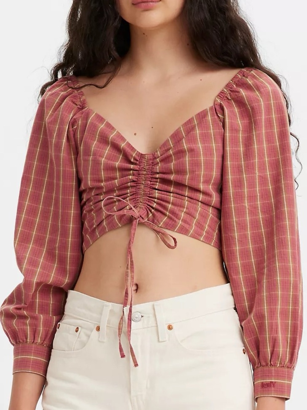 Levis Plaid Crop Blouse Devin Puff Sleeve Top Western Country Red SZ Small